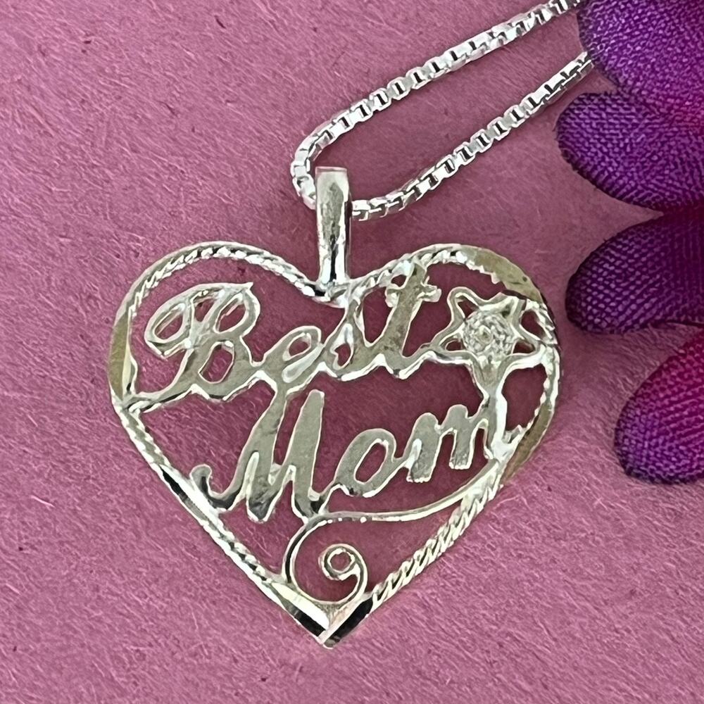 Sterling Silver Heart Pendant Necklace 'Best Mom' Charm Mother's Day